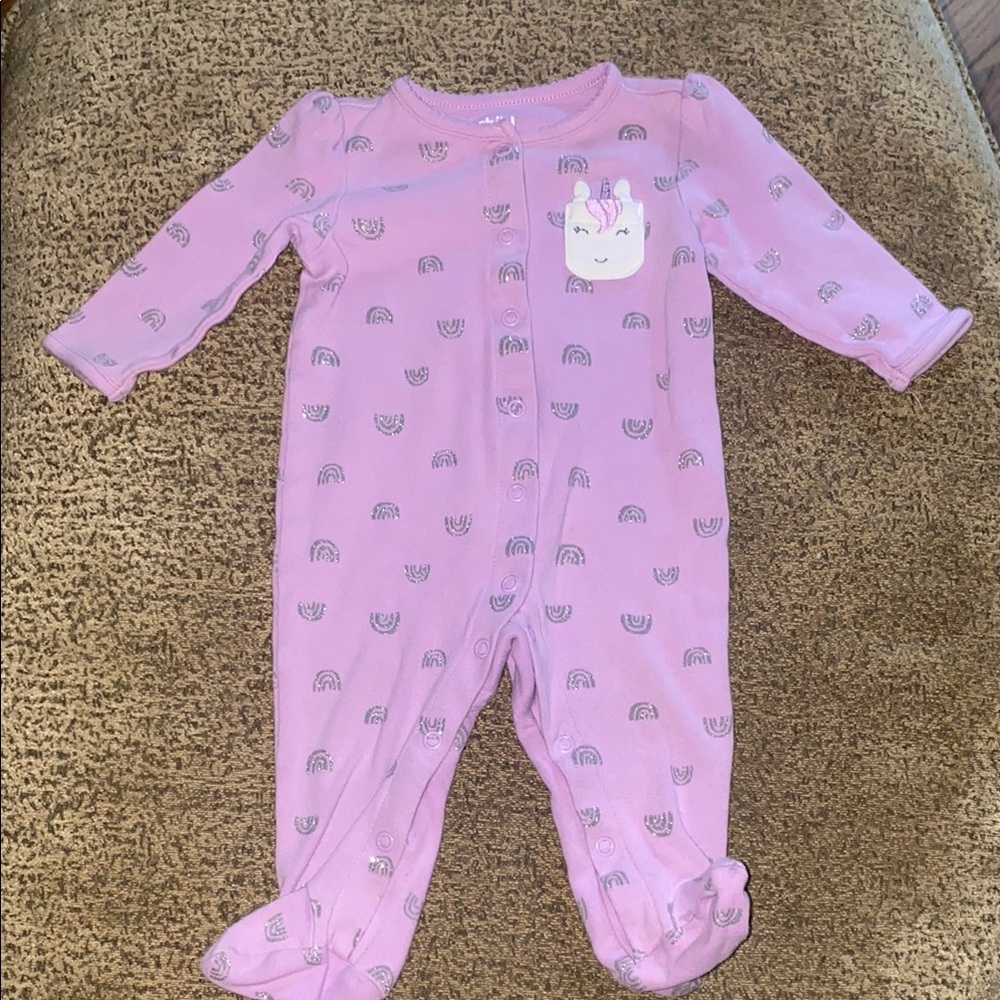 Child of Mine Pink Footie with Rainbow and Unicorn